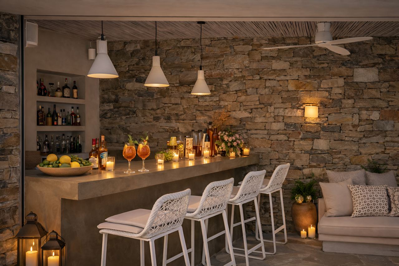 Poolside bar and lounge in the evening