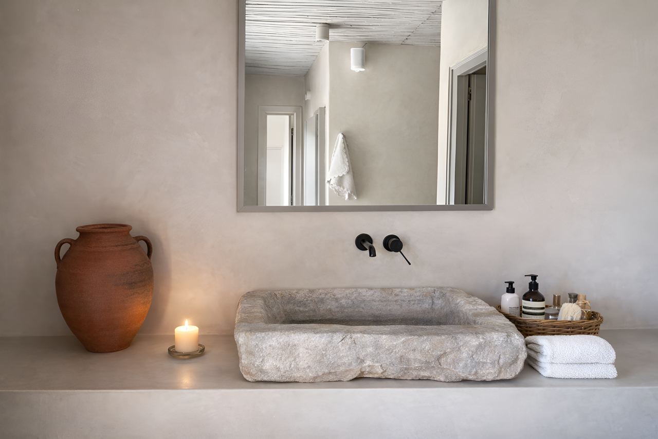 Minimal stone sink bathroom detail