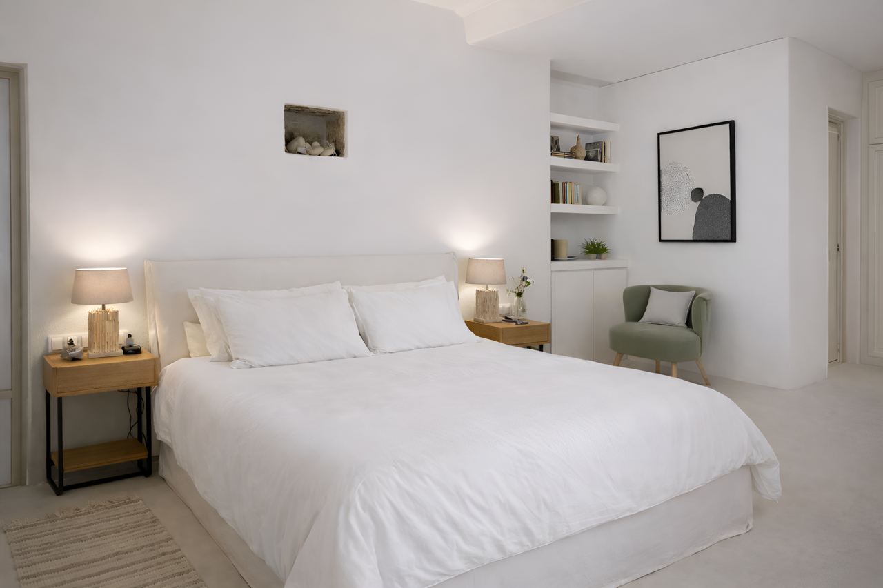 Bedroom at White Dovecote with minimalist Cycladic design