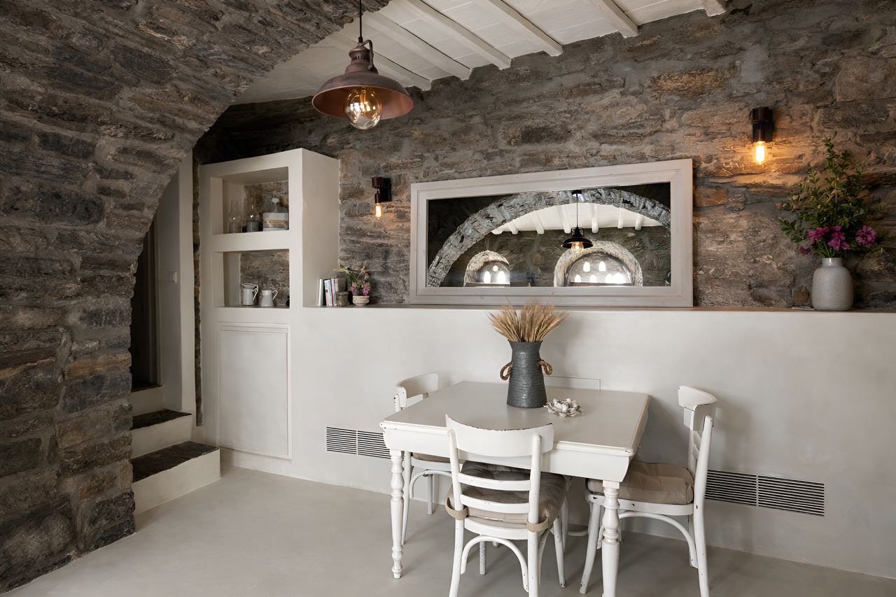 Dining area with stone arches