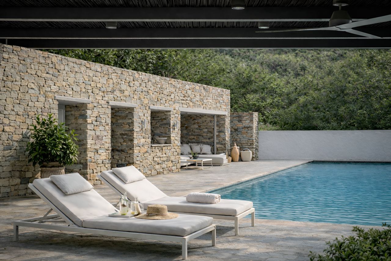 Poolside loungers at White Dovecote private pool